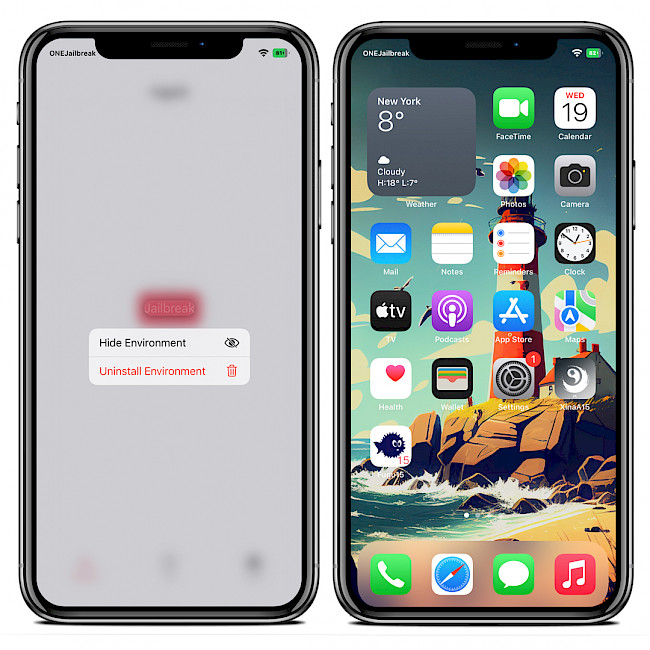 Two iPhone screens showing Fugu15 Hide Jailbreak and Uninstall Jailbreak feature.