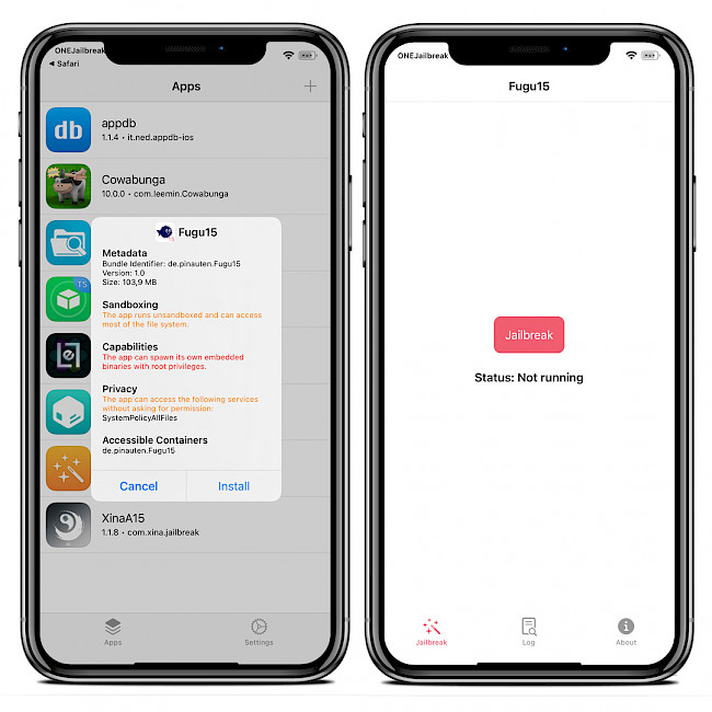 Two iPhone screens showing Fugu15 Max IPA installation process.