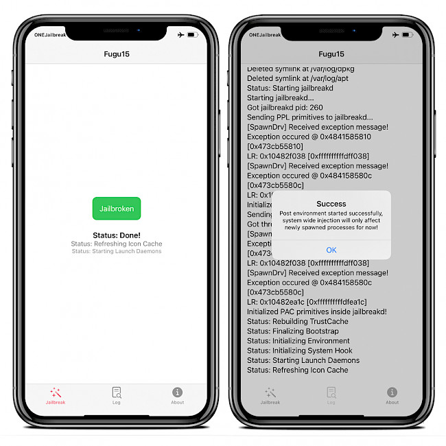 Two iPhone screens showing Fugu15 Max Success jailbreak on iOS 15.