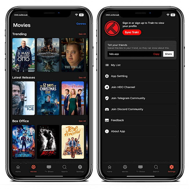 Two iPhone screens showing Cine Mate app interface on iOS 15.