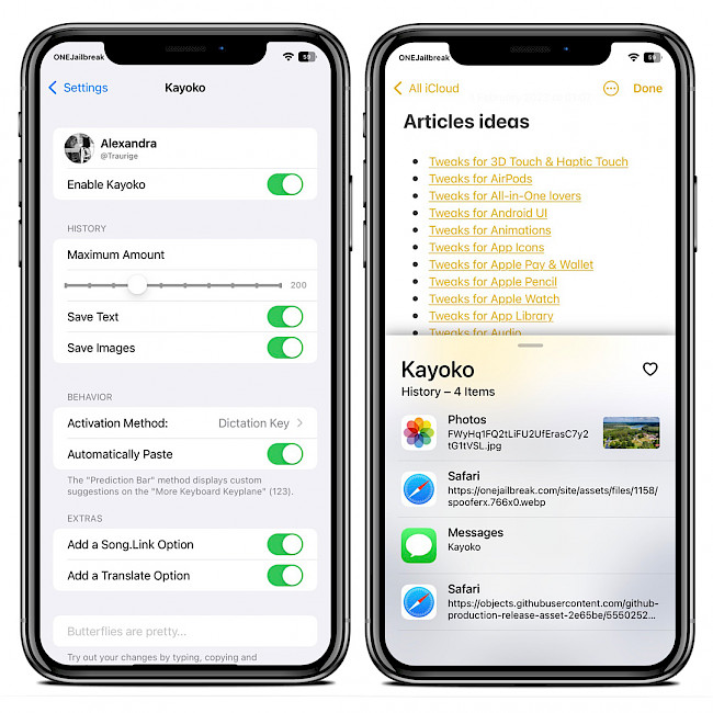 Two iPhone screens showing Kayoko tweak settings and clipboard history.