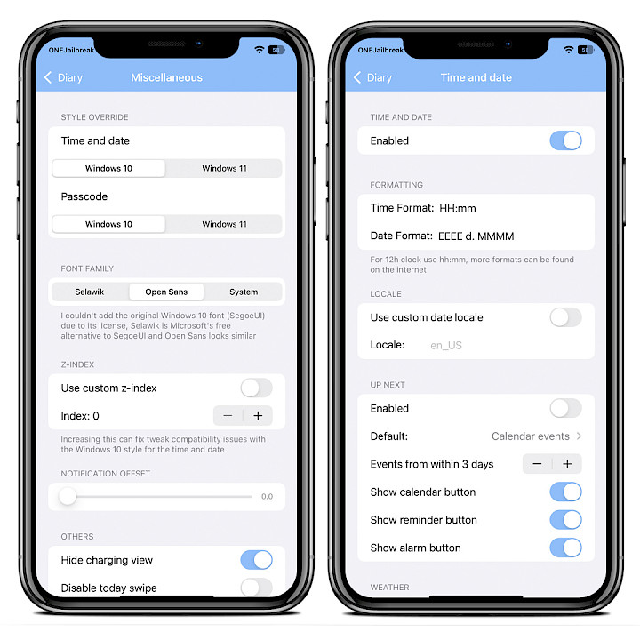 Two iPhone screens showing Diary tweak configuration pane on Settings app.