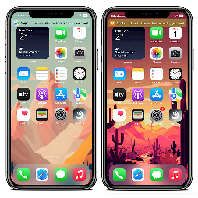 Two iPhone screens showing example Liddell tweak notification banners on XinaA15.