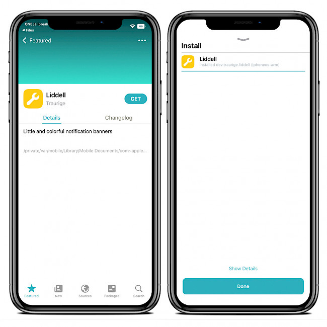 Two iPhone screens showing the installation process of Liddell DEB with Sileo.