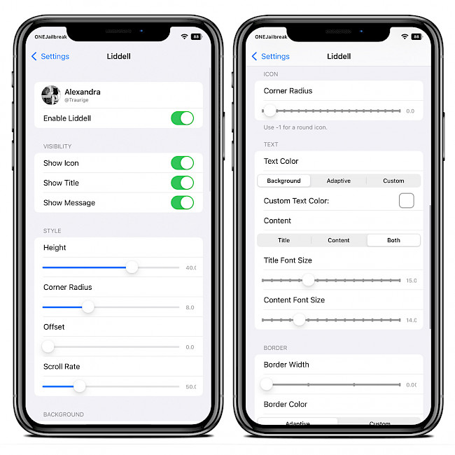 Two iPhone screens showing Liddell tweak preference pane in Settings app.
