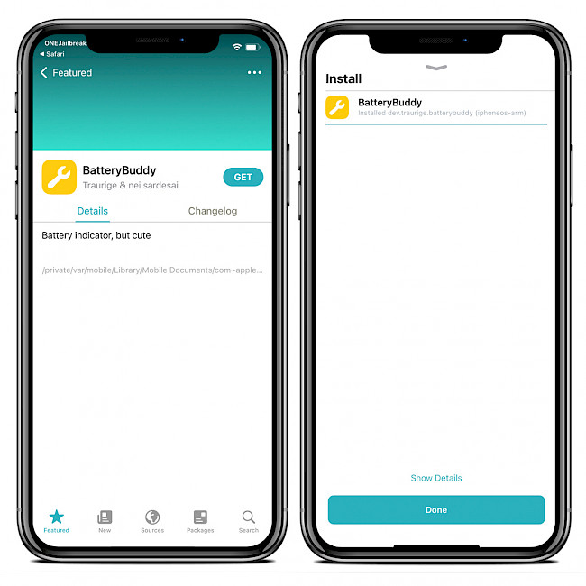 Two iPhone screens showing installation process of BatteryBuddy for iOS.