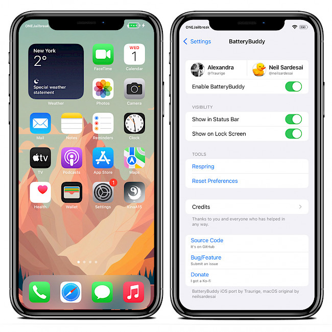 Two iPhone screens showing BatteryBuddy tweak on iOS 15.
