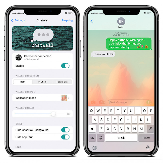Two iPhone screens showing the ChatWall tweak preference pane and wallpaper in Messages app.
