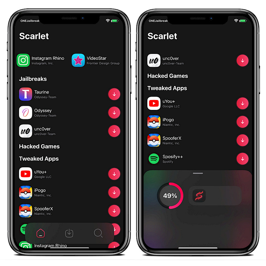 Two iPhone screens showing Scarlet app on iOS 15.