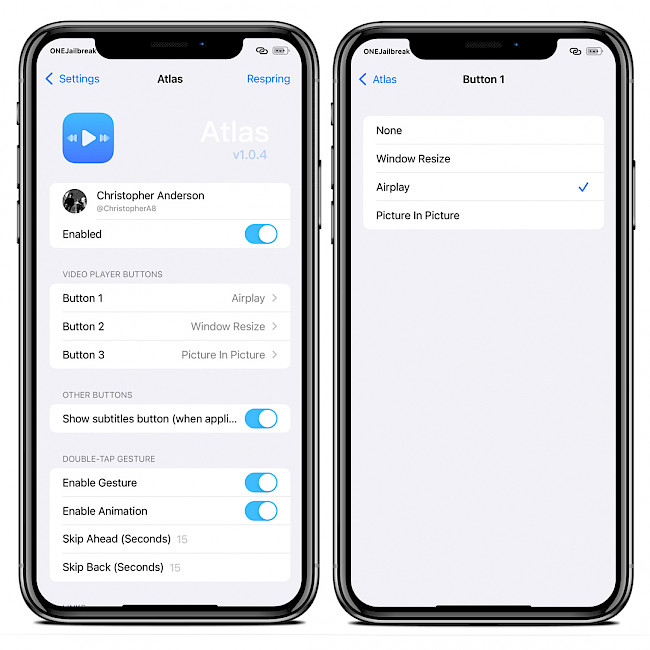 Two iPhone screens showing the Atlas tweak preference pane.