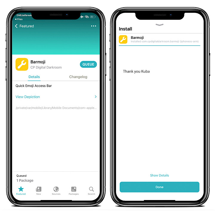 Two iPhone screens showing the installation process of Barmoji DEB with Sileo.