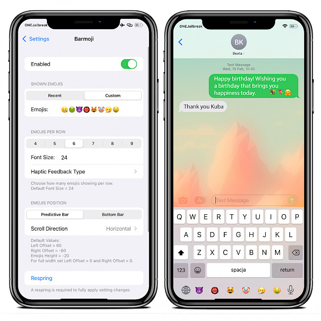 Two iPhone screens showing Barmoji tweak on iOS 15.