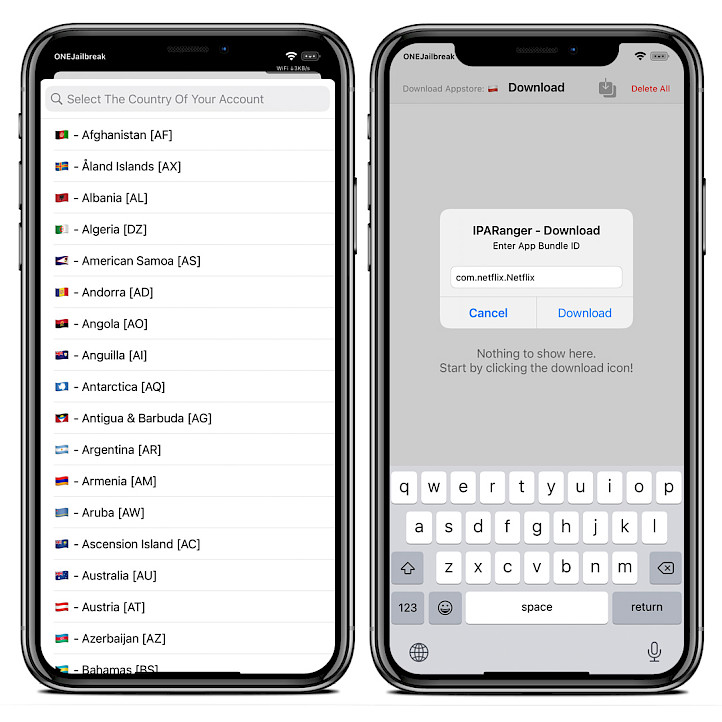 Two iPhone screens showing IPA Ranger IPA download and store selection.
