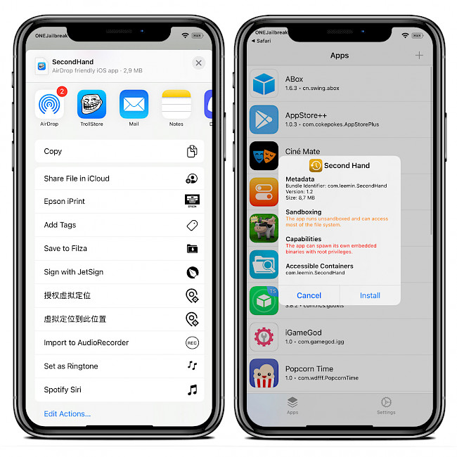 Two iPhone screens showing installation proces of SecondHand for TrollStore.