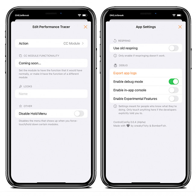 Two iPhone screens showing ControlConfig Module and App Settings.