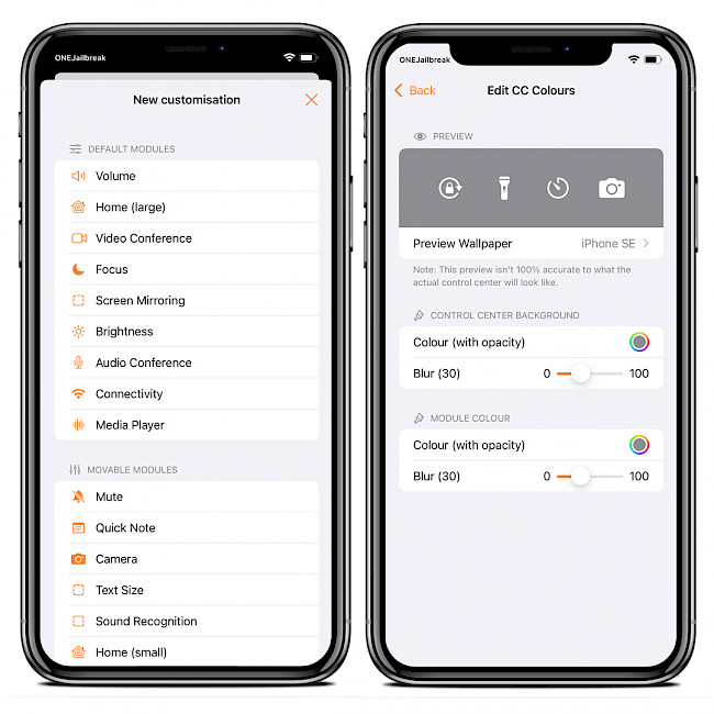 Two iPhone screens showing New customisations and Edit CC Colours in ControlConfig.