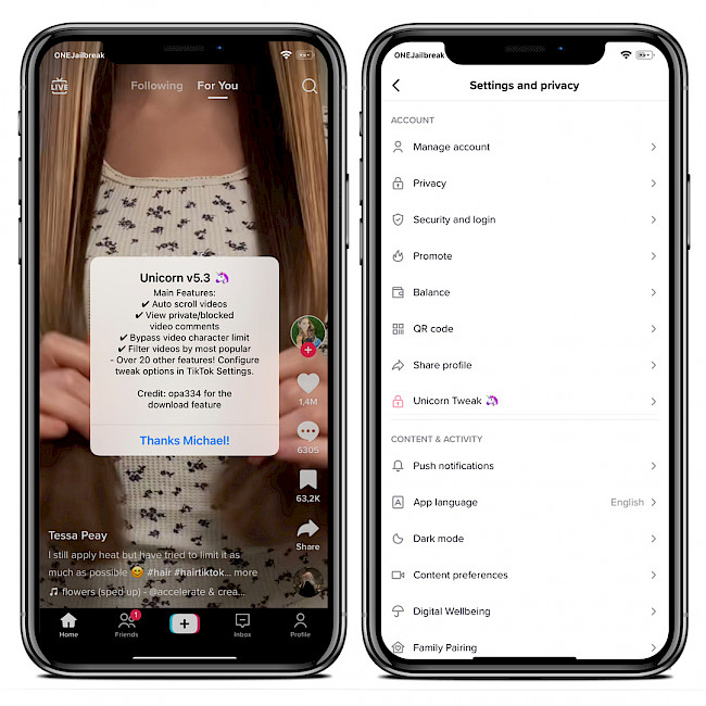 Two iPhone screens showing TikTok Unicorn tweak on iOS.