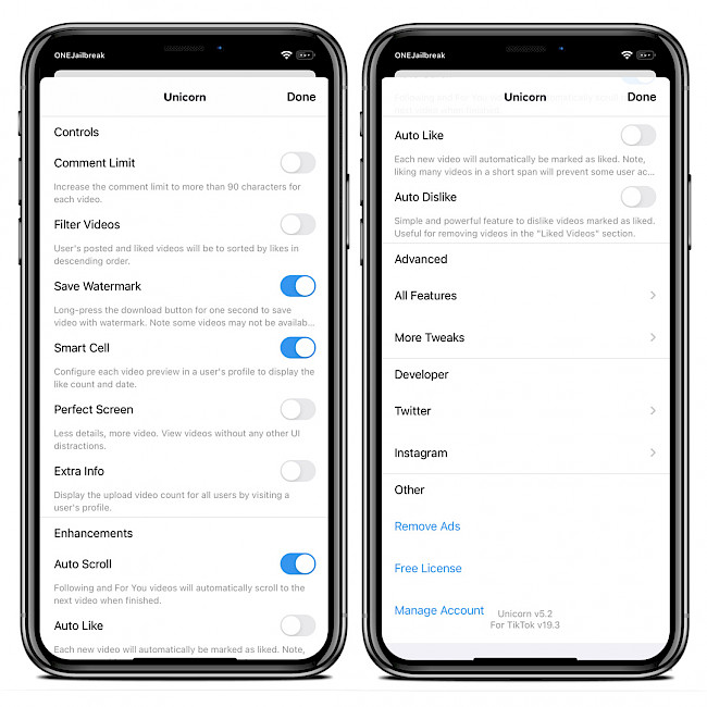 Two iPhone screens showing Unicorn tweak preferences.