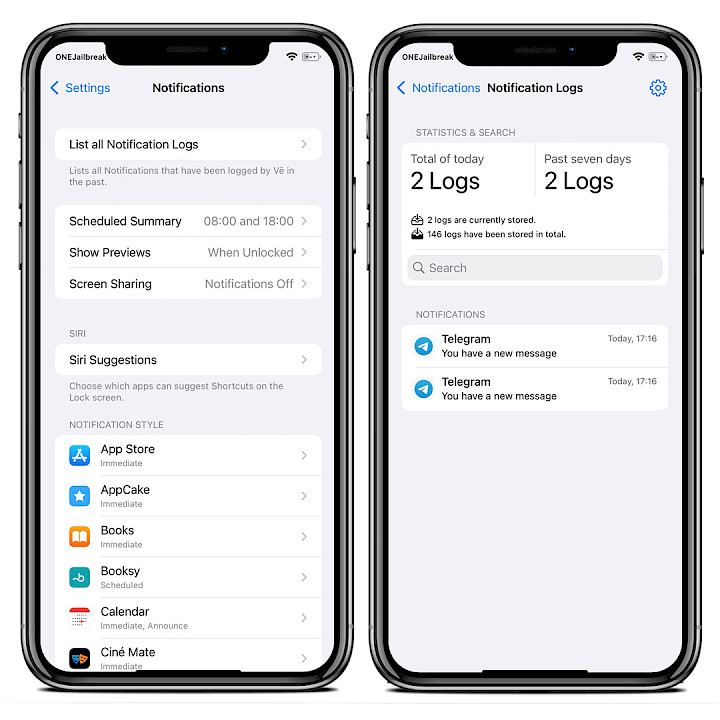 Two iPhone screes showing Vē tweak Notifications Logs on iOS 15.