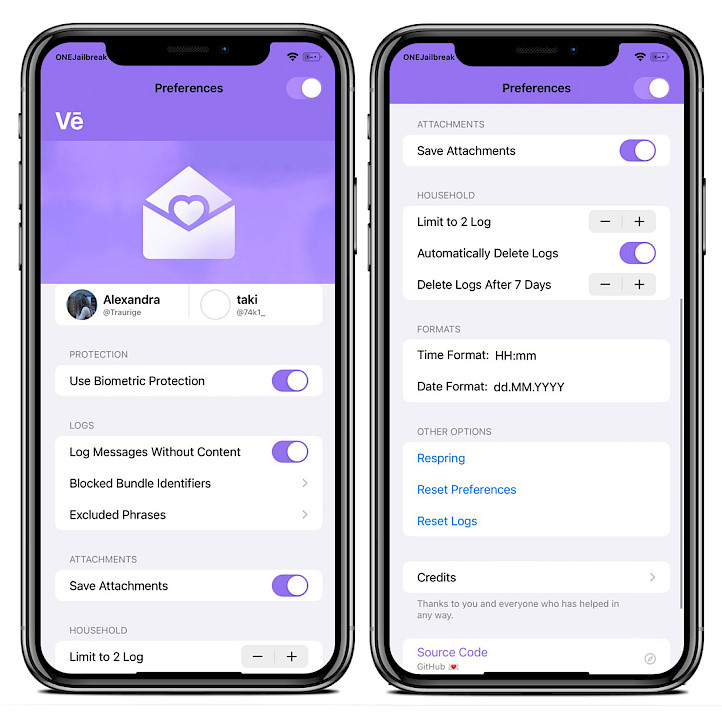 Two iPhone screens showing Vē tweak preference pane.
