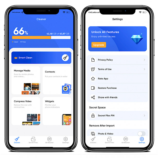 Two iPhone screens showing Cleaner app.