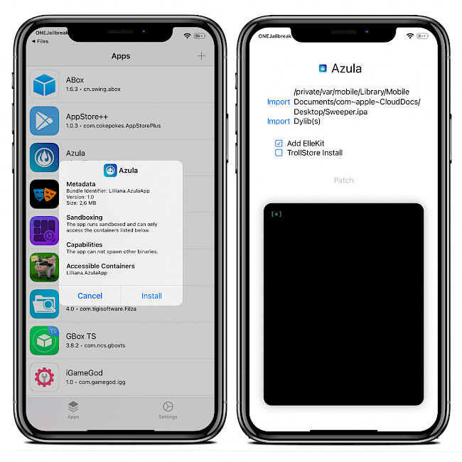 Two iPhone screens showing Azula app for iOS.