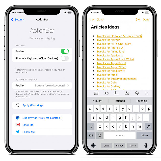 Two iPhone screens showing ActionBar tweak features.