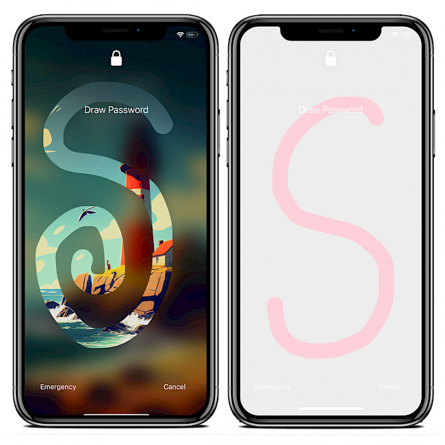 Two iPhone screens showing Scribble tweak passcode draw.