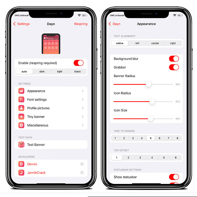 Two iPhone screens showing Dayn tweak preference pane.