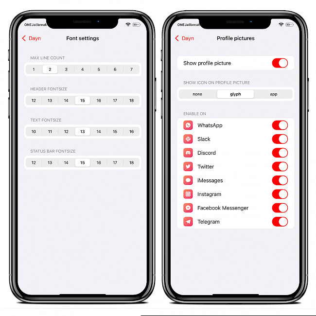 Two iPhone screens showing Dayn tweak font and profile picture settings.