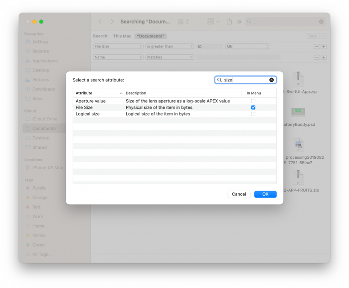 Screenshot of adding search attributes to Finder app on macOS.
