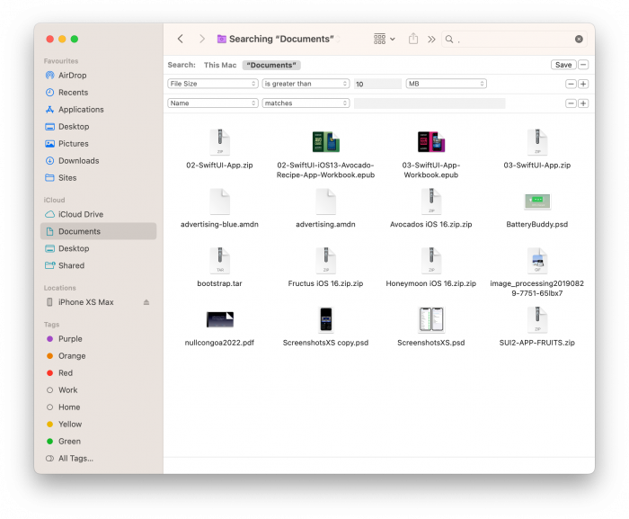 Screenshot of filtering files by size in Finder app on macOS.