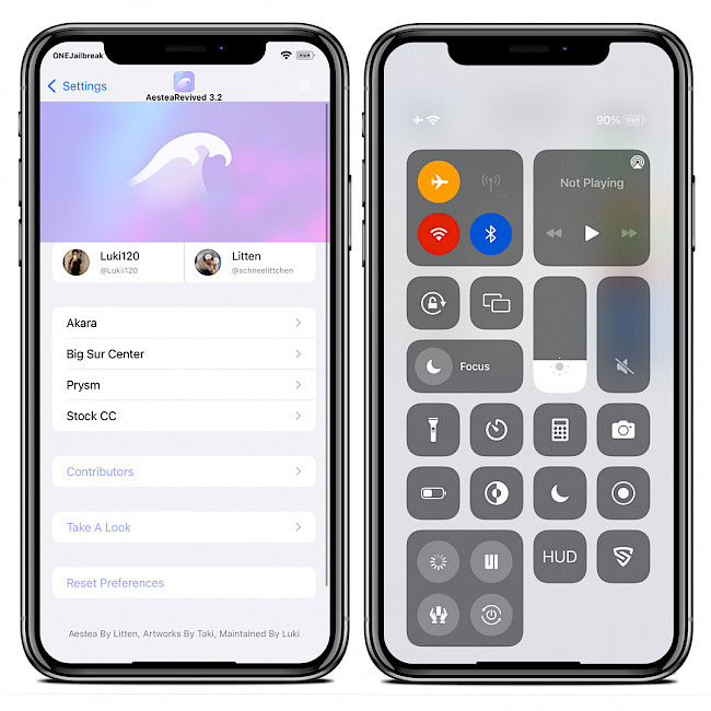 Two iPhone screens showing Aestea Revived tweak preferences and new colors on CC.