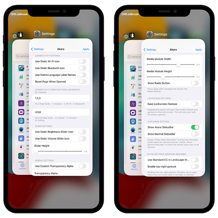 Akara tweak settings screenshot.