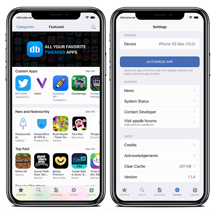 Two iPhone screens showing Appdb client for iOS.