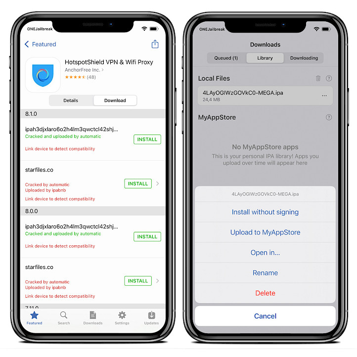 Two iPhone screens showing Appdb for iOS IPA installation options.