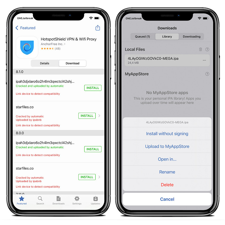 Two iPhone screens showing Appdb for iOS IPA installation options.