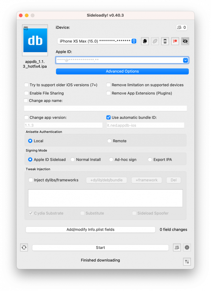 Screenshot of Appdb IPA installation process with Sideloadly.