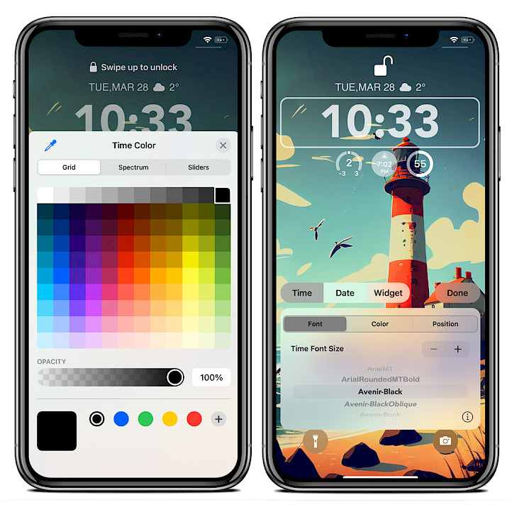 Two iPhone screens showing AIM Pro Lock Screen controls.