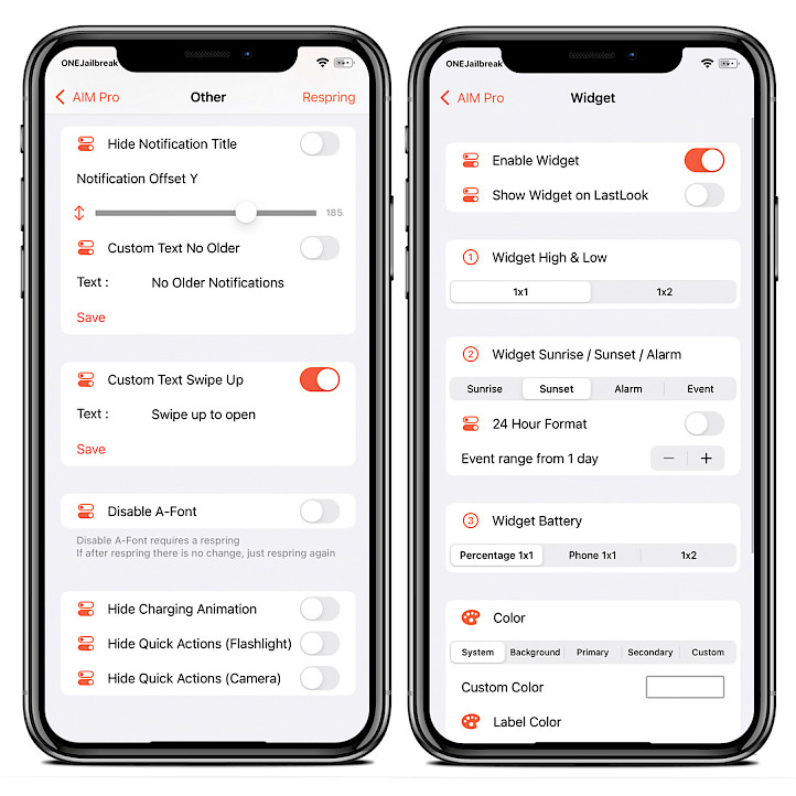 Two iPhone screens showing AIM Pro tweak preferences.