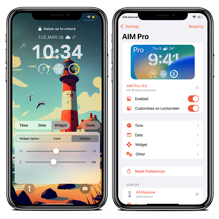 Two iPhone screens showing AIM Pro tweak.