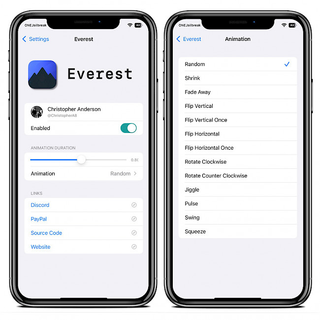 Two iPhone screens showing Everest tweak settings and available animations.