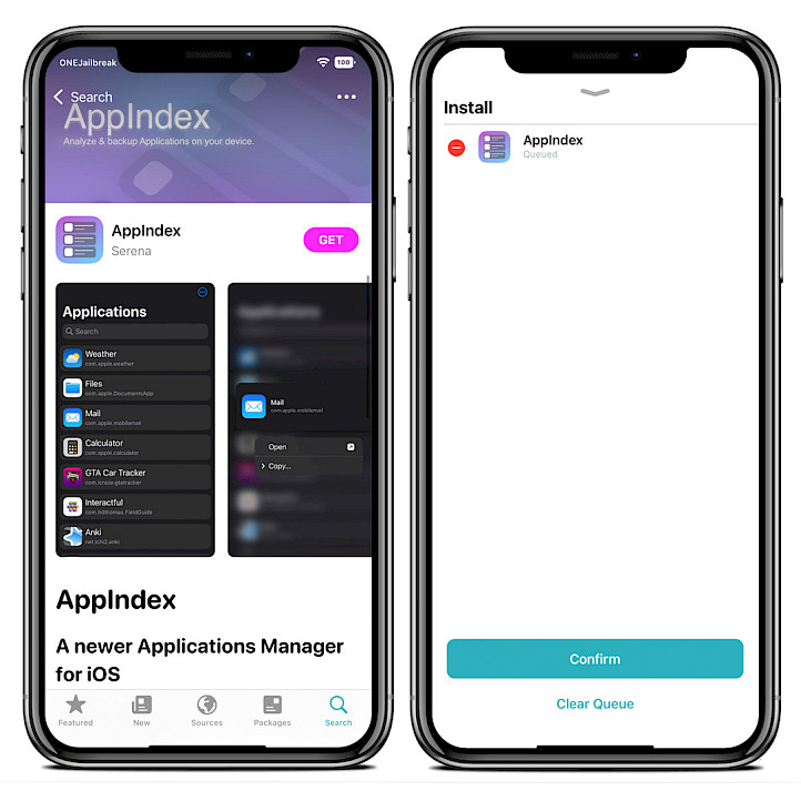 Two iPhone screens showing AppIndex Repository in Sileo.
