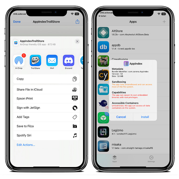 Two iPhone screens showing AppIndex IPA installation with TrollStore.