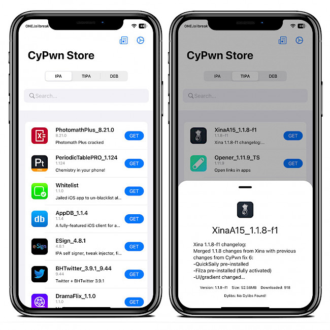 Two iPhone screens showing CyPwn Store for iOS.