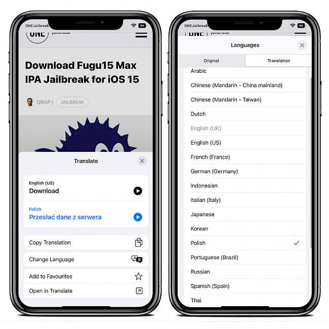 Two iPhone screens showing LatestTranslate tweak integration with iOS 15.