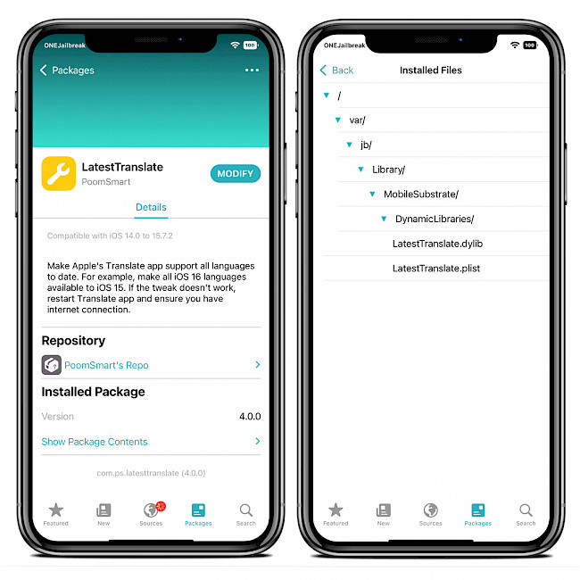 Two iPhone screens showing LatestTranslate Repo and installed files.