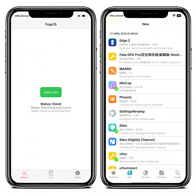 Two iPhone screens showing Fugu15 Jailbreak and rootless tweaks list.