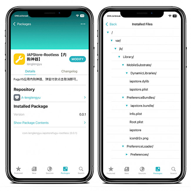 Two iPhone screens showing IAPStore Rootless Repo and installed files.