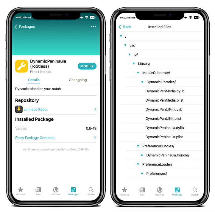 Two iPhone screens showing Dynamic Peninsula Repo and installed files.